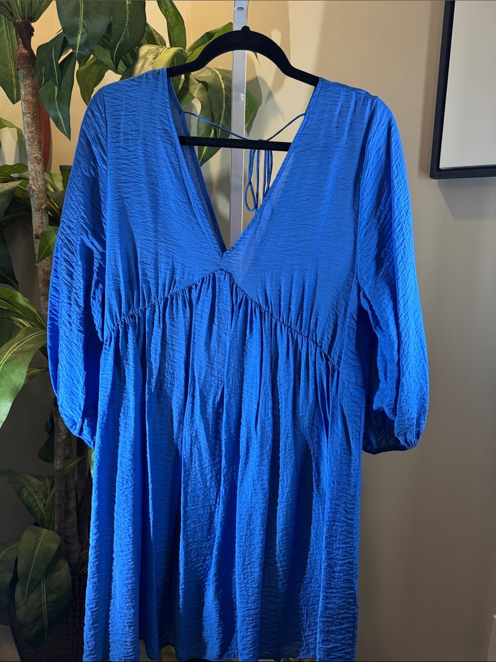 Blue V-Neck Women's babydoll dress with puff sleeves. Worn once, size L